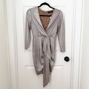 Women Akira V Neck Wrap Tie Metallic Mini Long Sleeve Dress in Silver Size Small